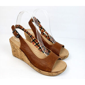 Crocs A Leigh Womens Size 7 Brown Leather Cork Slingback Wedge Sandals 11848